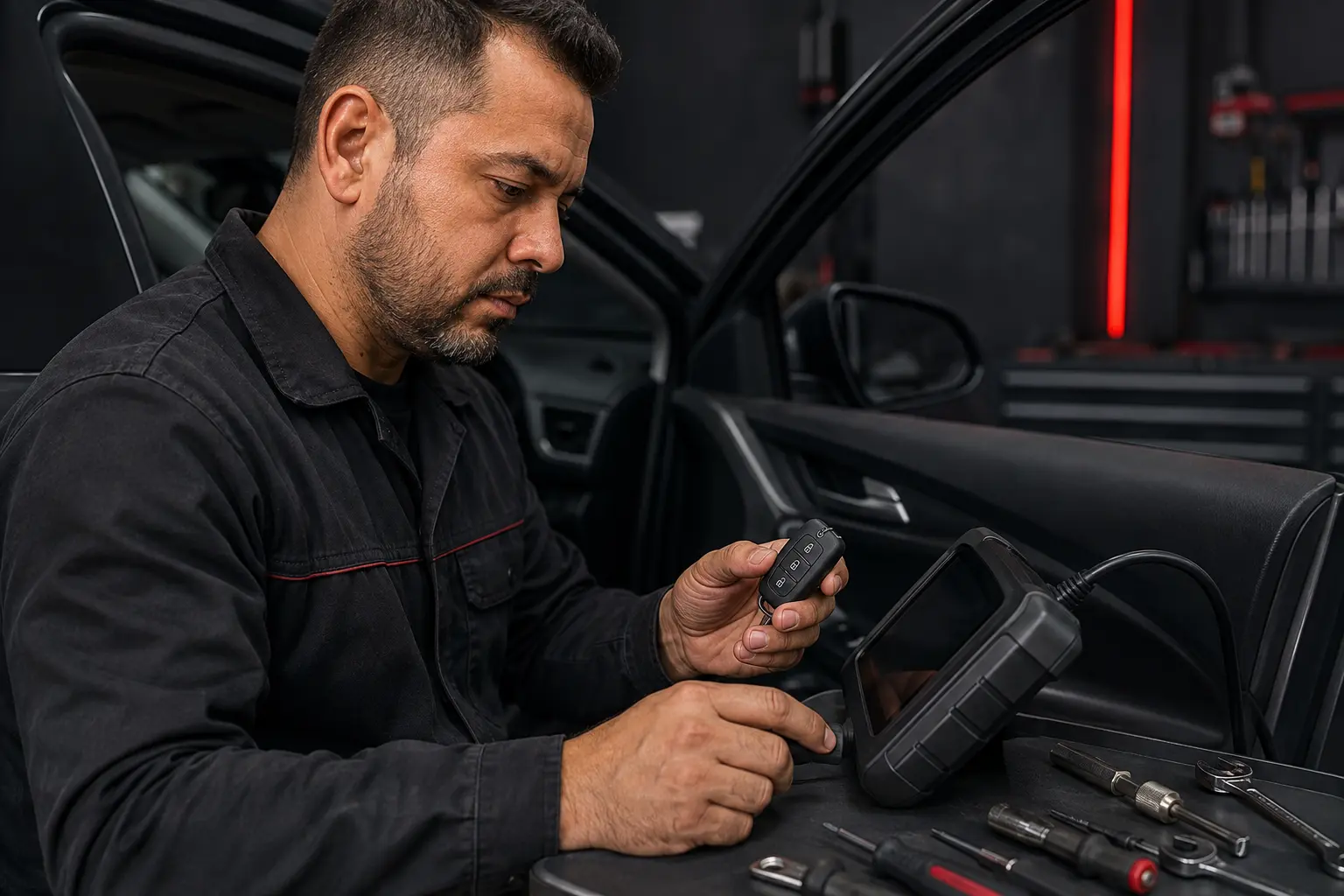 Chaveiro programando uma chave automotiva
